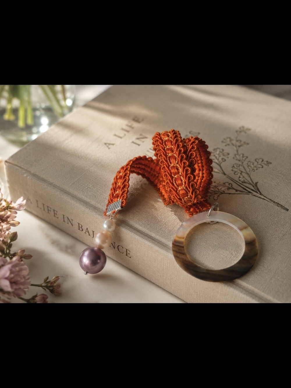 Embroidered Lace Rusty Orange W Gold Pearls And Shell Bookmark